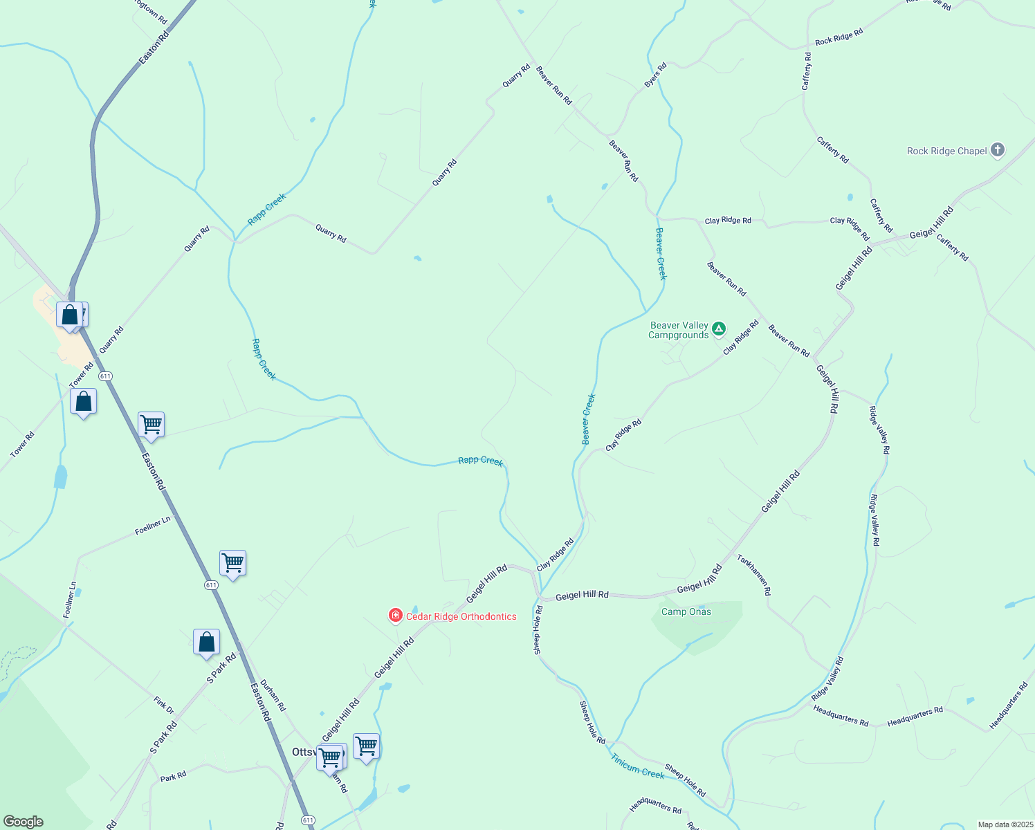 map of restaurants, bars, coffee shops, grocery stores, and more near 6 Hayden Lane in Ottsville