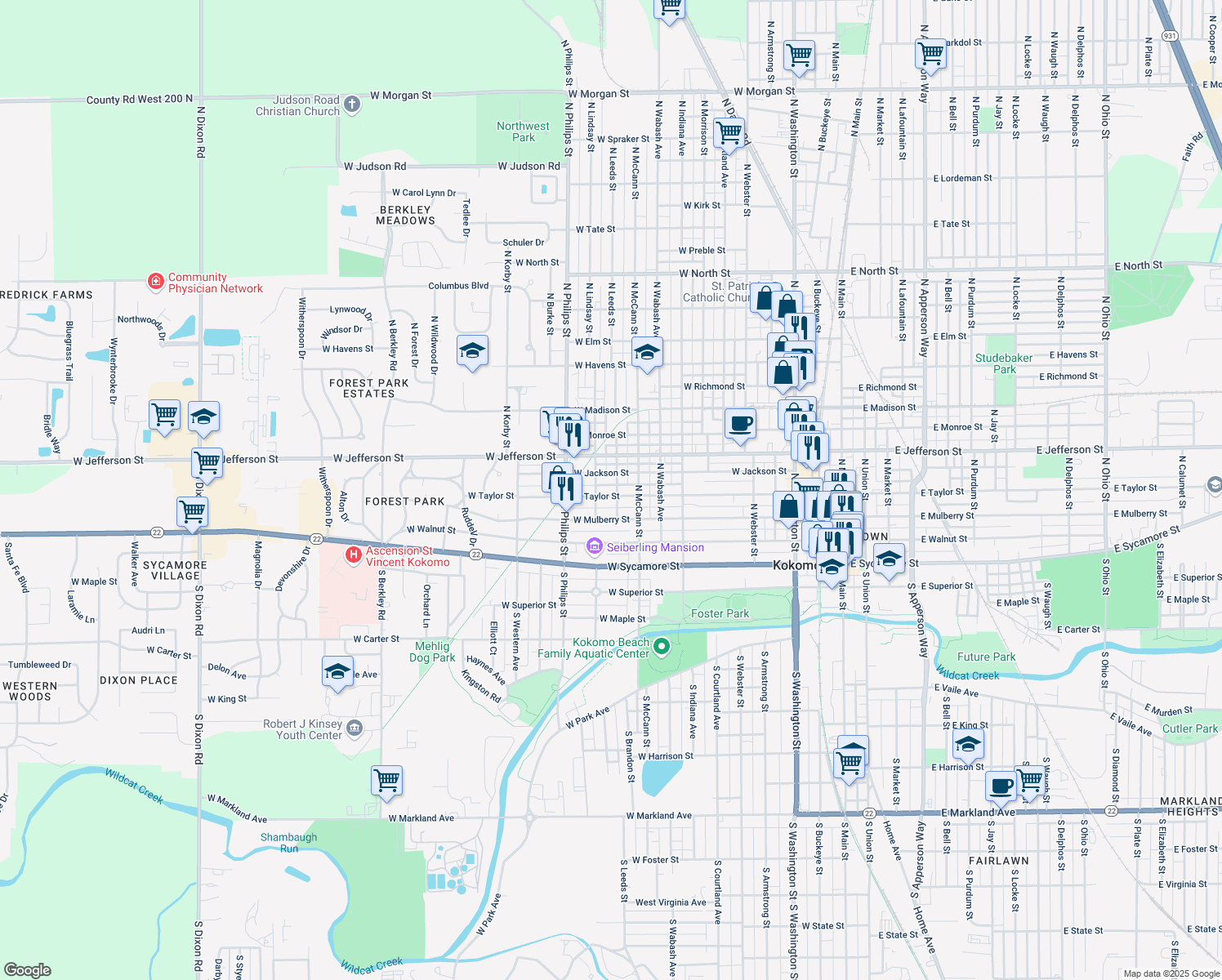 map of restaurants, bars, coffee shops, grocery stores, and more near 1102 West Taylor Street in Kokomo
