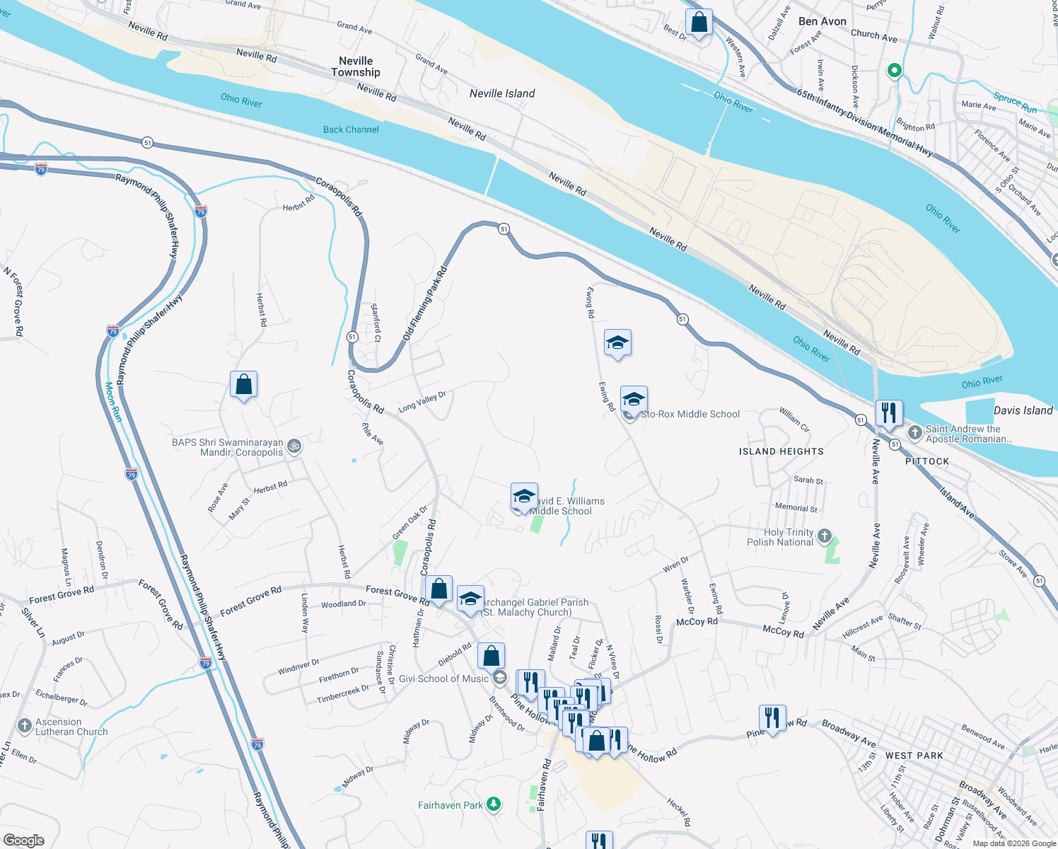 map of restaurants, bars, coffee shops, grocery stores, and more near 107 Beechwood Circle in Coraopolis
