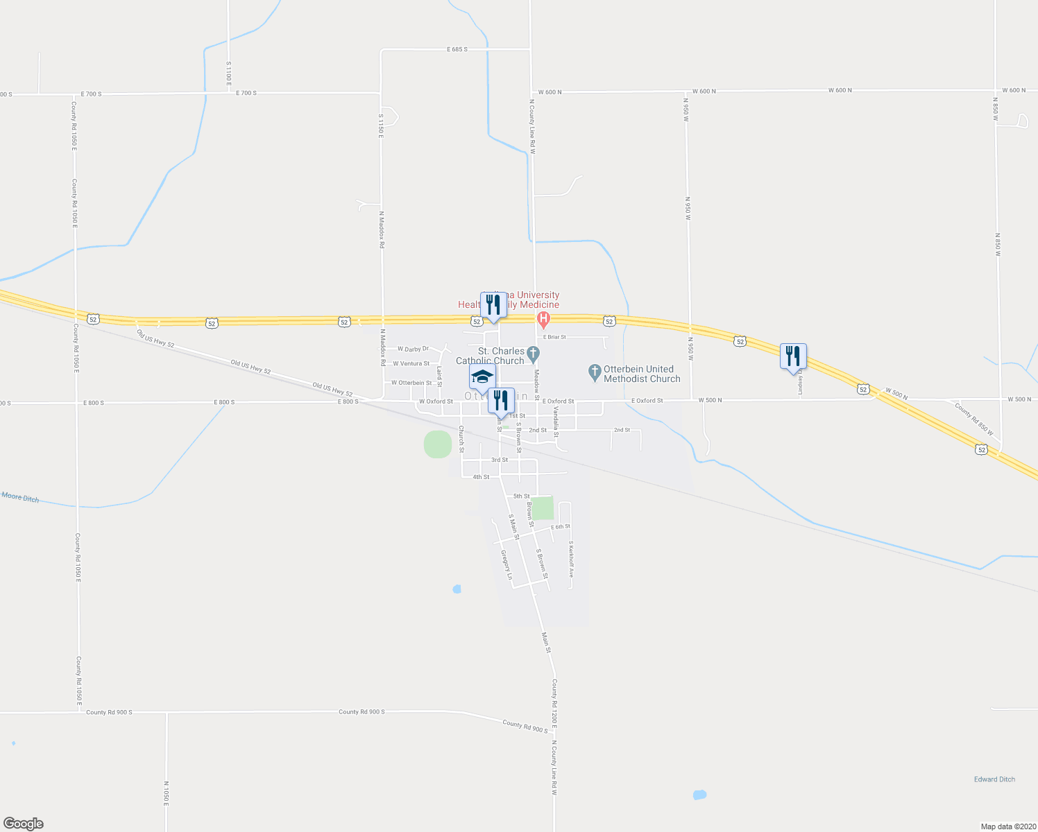 map of restaurants, bars, coffee shops, grocery stores, and more near 1st Street in Otterbein