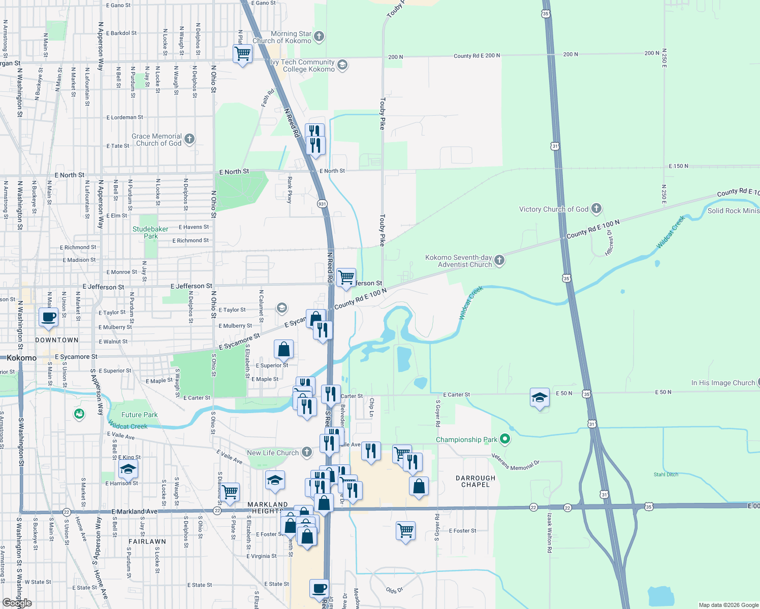 map of restaurants, bars, coffee shops, grocery stores, and more near Bent Creek Road in Kokomo