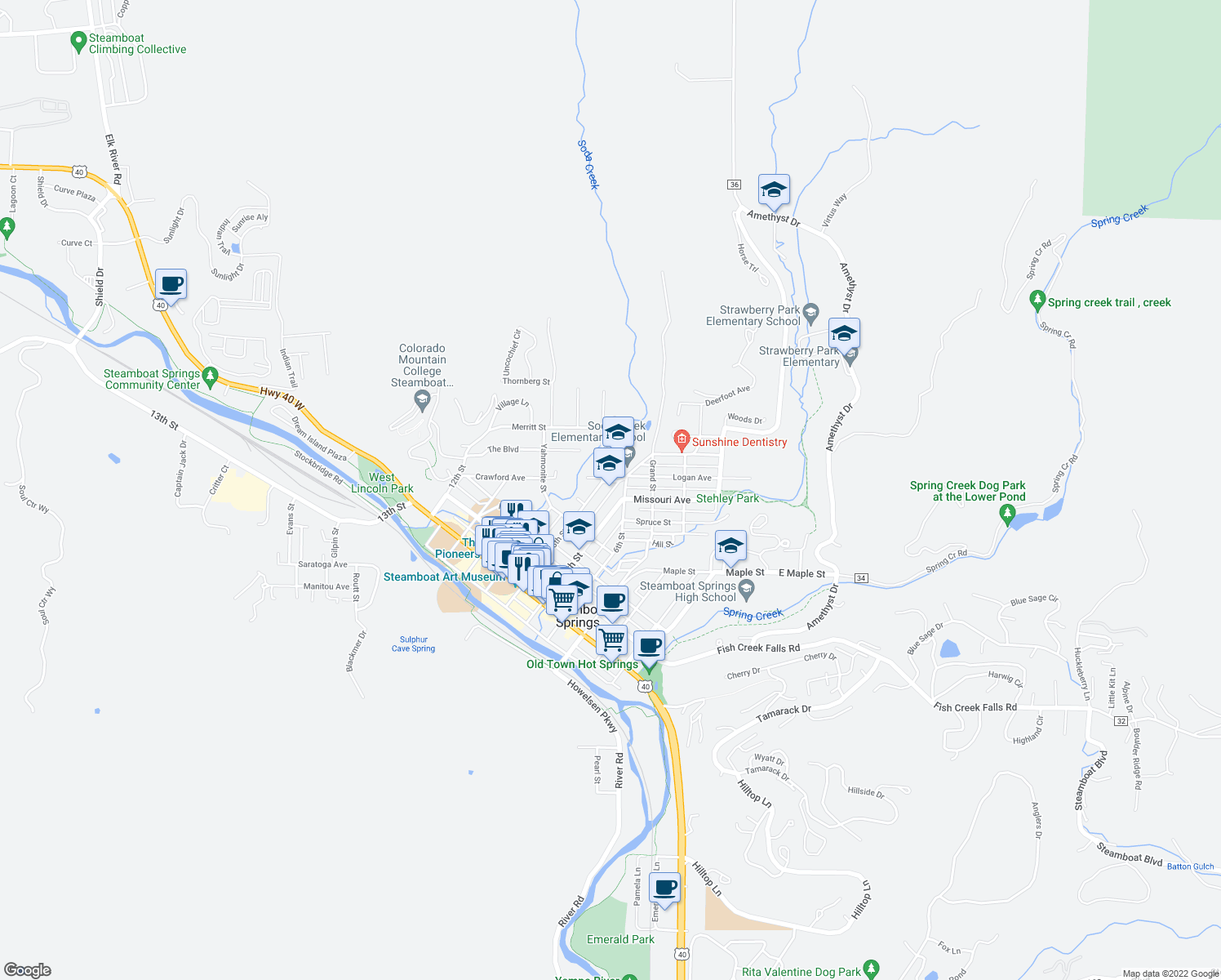 map of restaurants, bars, coffee shops, grocery stores, and more near in Steamboat Springs