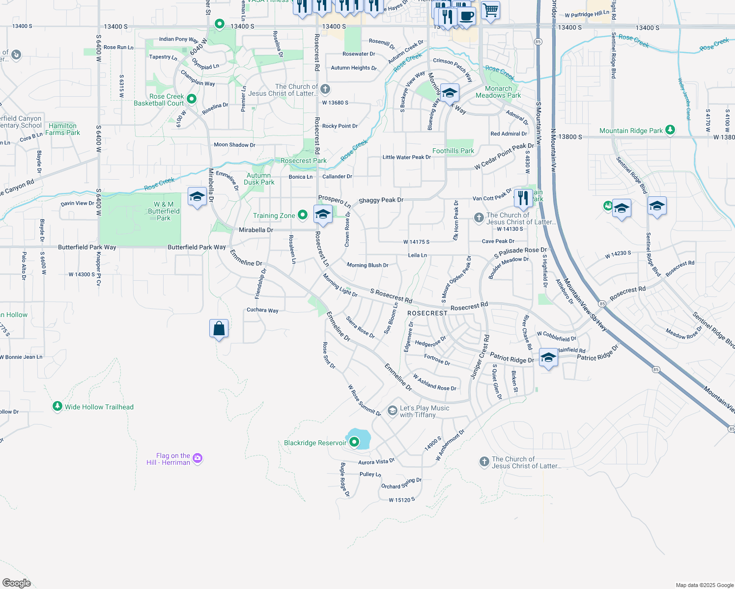 map of restaurants, bars, coffee shops, grocery stores, and more near 5418 Morning Light Drive in Herriman