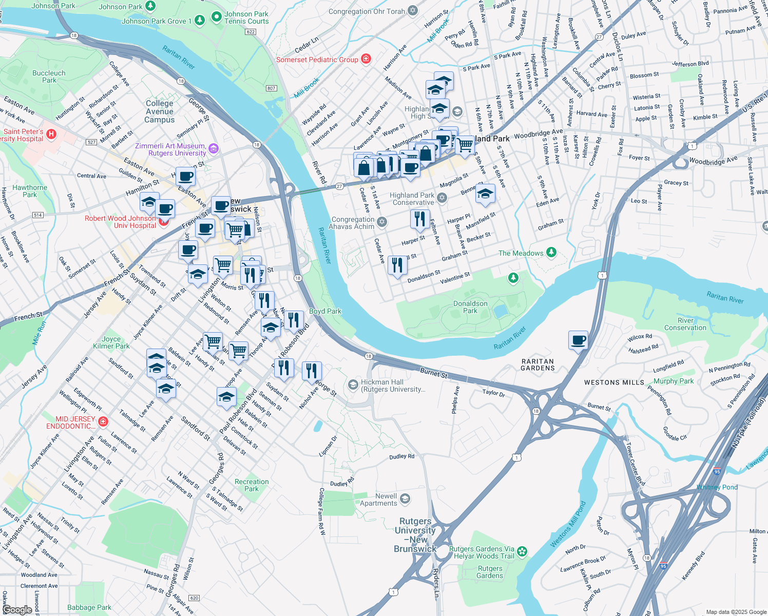 map of restaurants, bars, coffee shops, grocery stores, and more near 36 Skyview Terrace in Highland Park