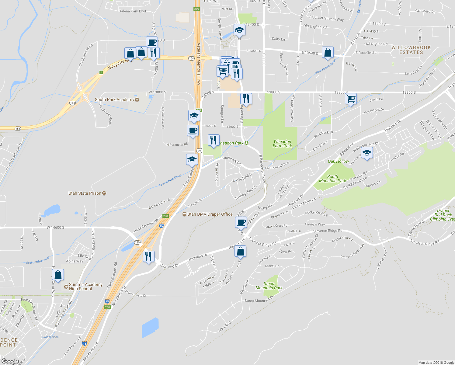 map of restaurants, bars, coffee shops, grocery stores, and more near 139 East Wayfield Drive in Draper