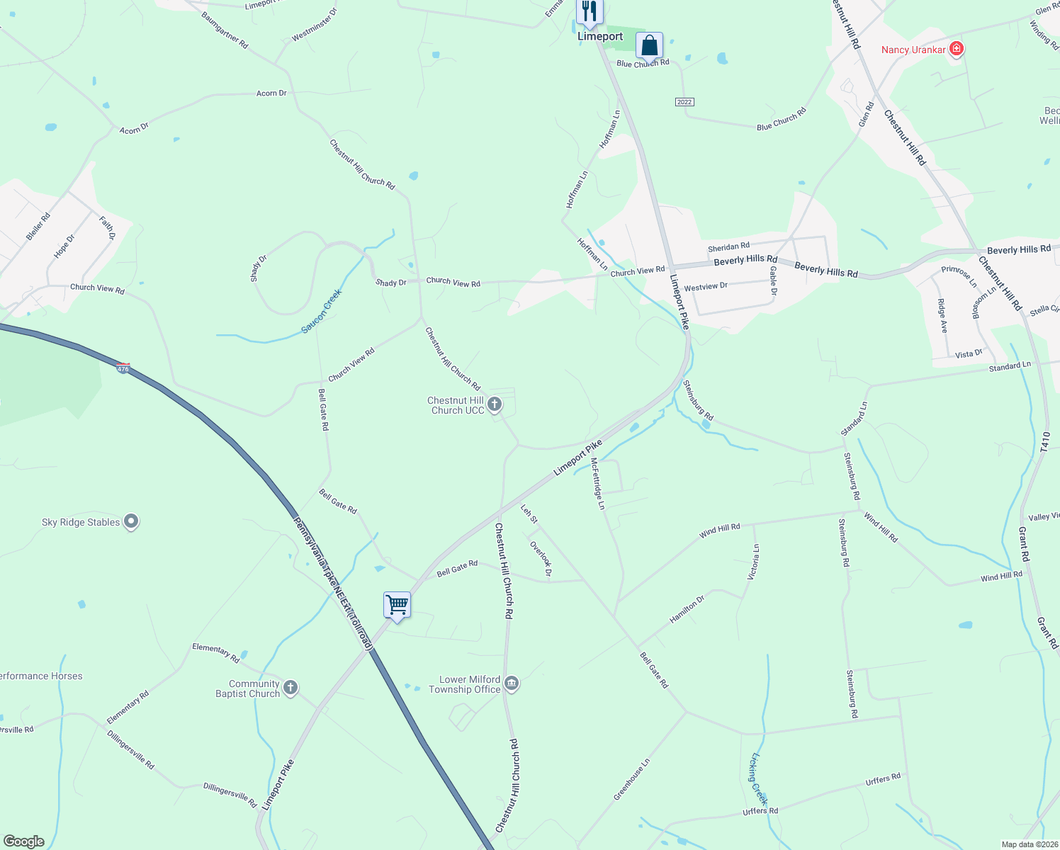 map of restaurants, bars, coffee shops, grocery stores, and more near 6889 Chestnut Hill Church Rd in Coopersburg