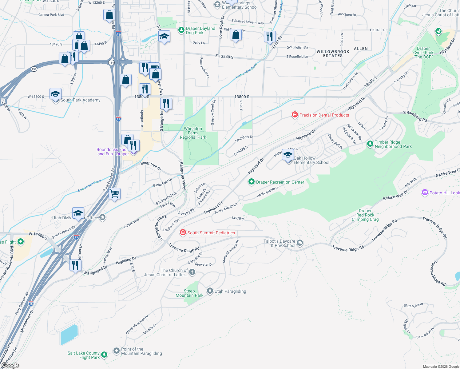 map of restaurants, bars, coffee shops, grocery stores, and more near 14301 Elsbrook Circle in Draper