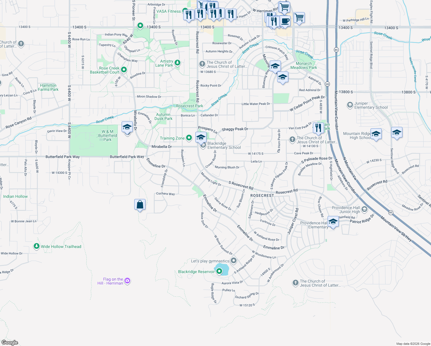 map of restaurants, bars, coffee shops, grocery stores, and more near 5496 Prairie Dawn Ln in Herriman