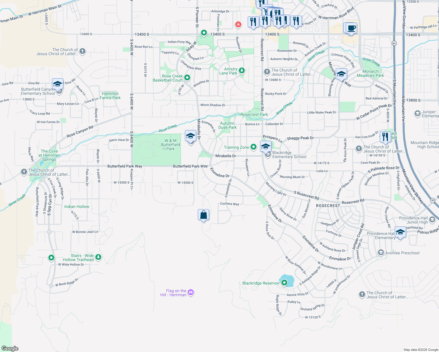 map of restaurants, bars, coffee shops, grocery stores, and more near 5856 Emmeline Drive in Herriman