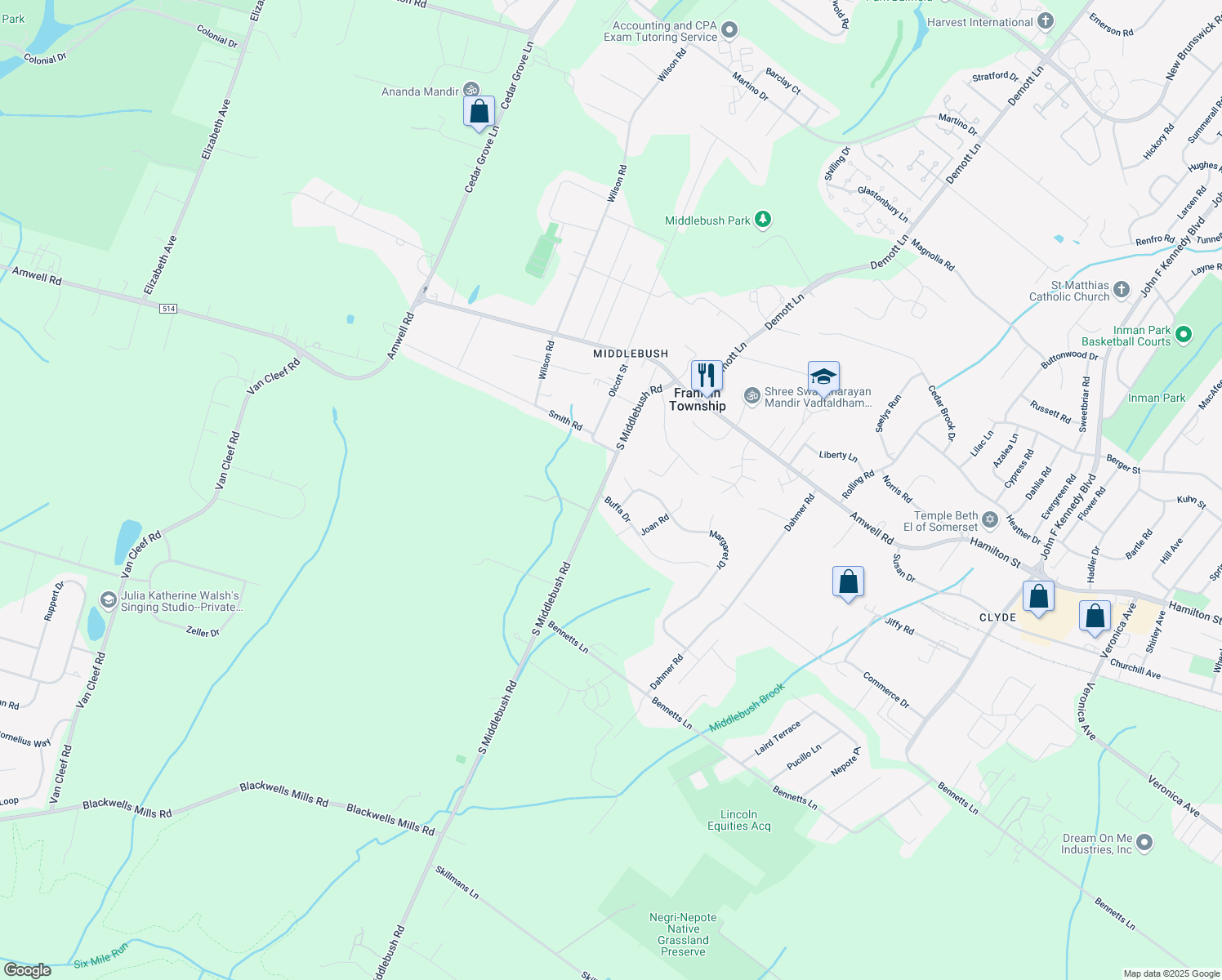 map of restaurants, bars, coffee shops, grocery stores, and more near 4 Buffa Drive in Franklin Township