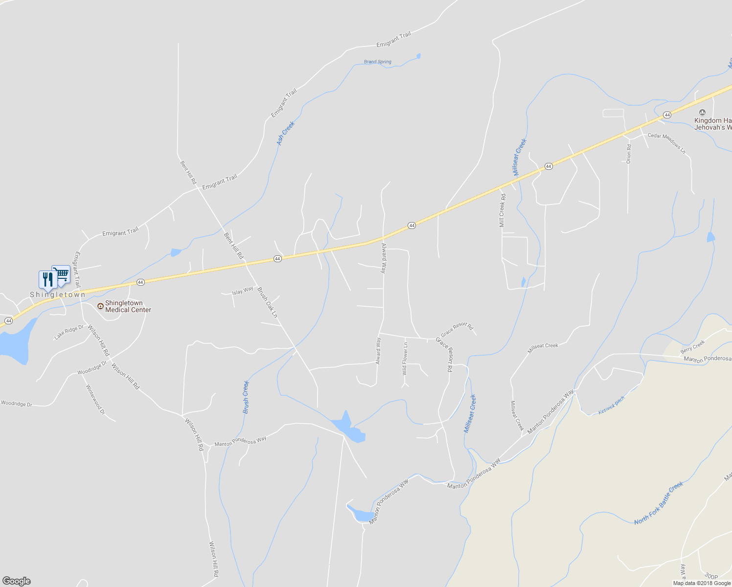 map of restaurants, bars, coffee shops, grocery stores, and more near 7088 Alward Way in Shingletown