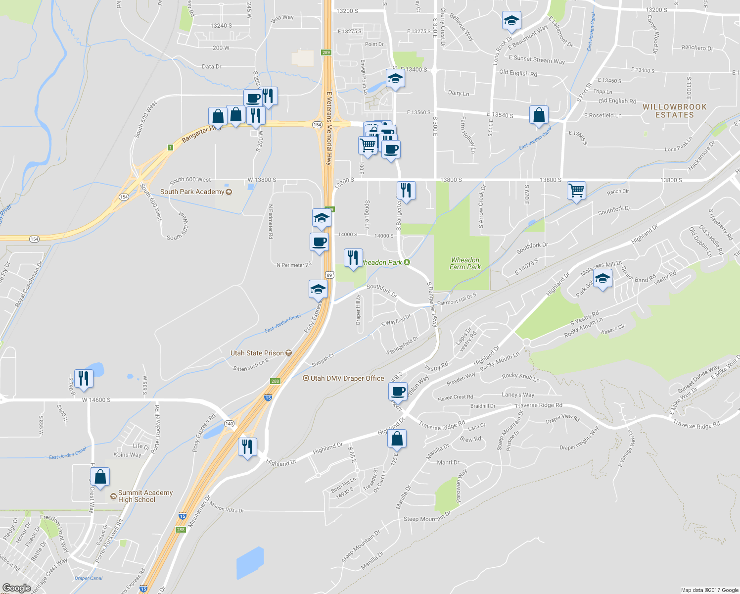map of restaurants, bars, coffee shops, grocery stores, and more near 14242 Daisyfield Drive in Draper