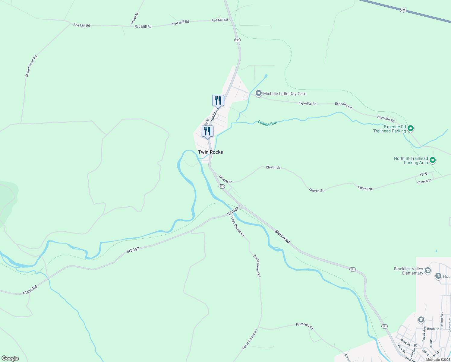 map of restaurants, bars, coffee shops, grocery stores, and more near 150 Church St in Nanty Glo