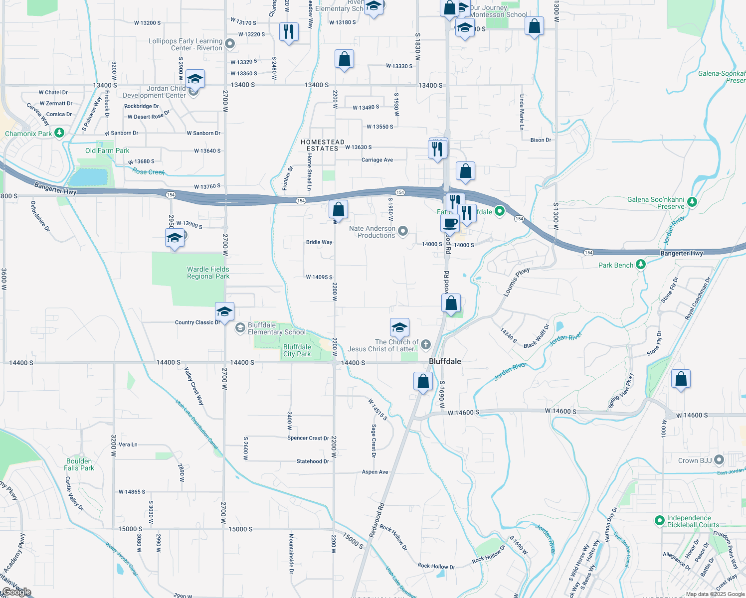map of restaurants, bars, coffee shops, grocery stores, and more near 2044 West 14200 South in Riverton