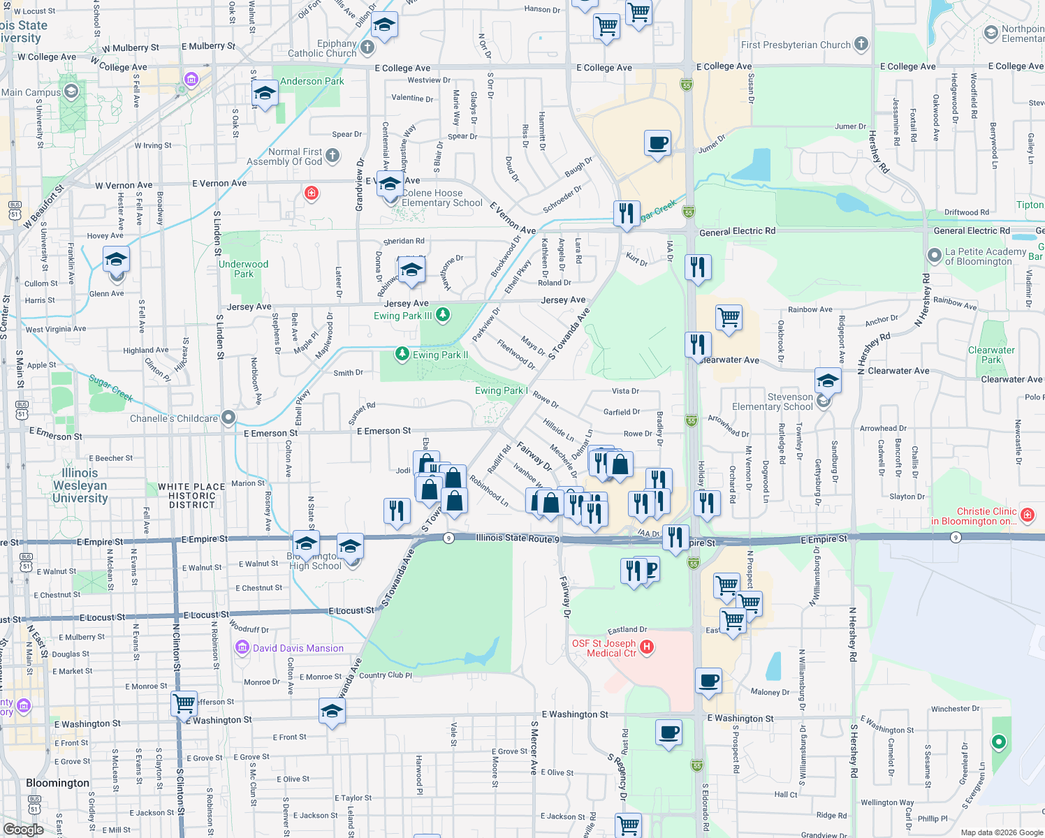 map of restaurants, bars, coffee shops, grocery stores, and more near 502 Radliff Road in Bloomington