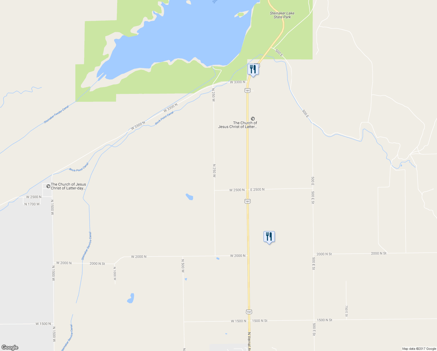 map of restaurants, bars, coffee shops, grocery stores, and more near 2614 North 250 West in Vernal