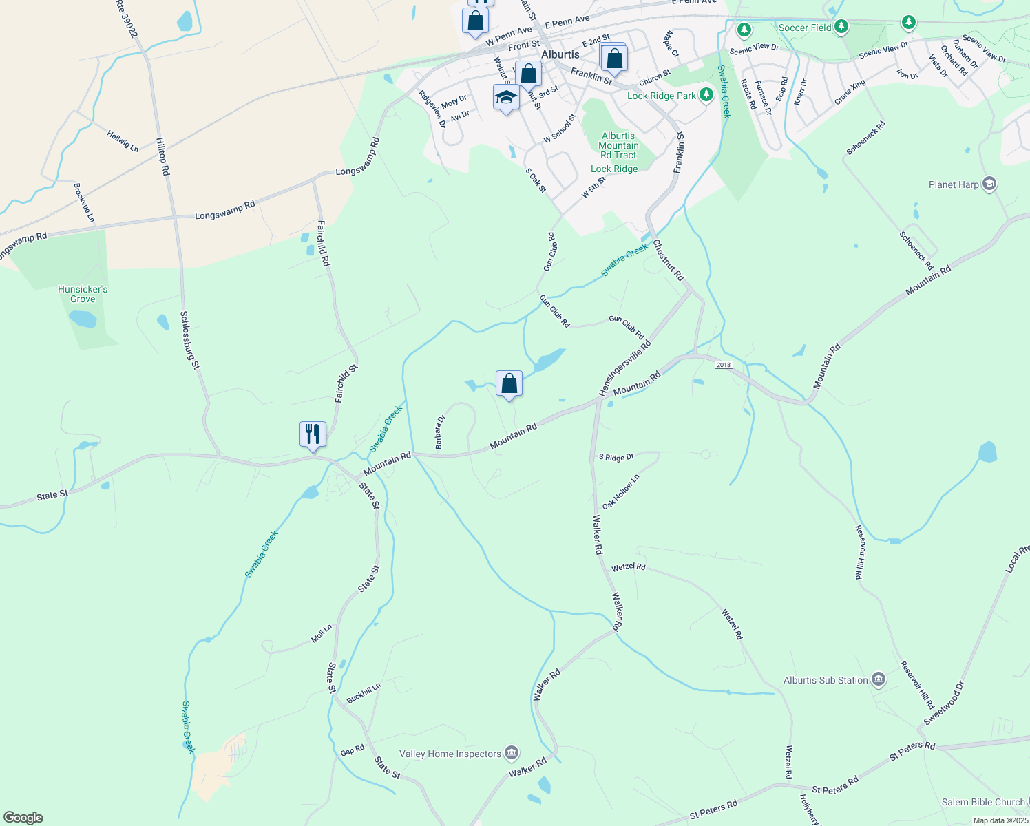 map of restaurants, bars, coffee shops, grocery stores, and more near 8815 Mountain Rd in Alburtis