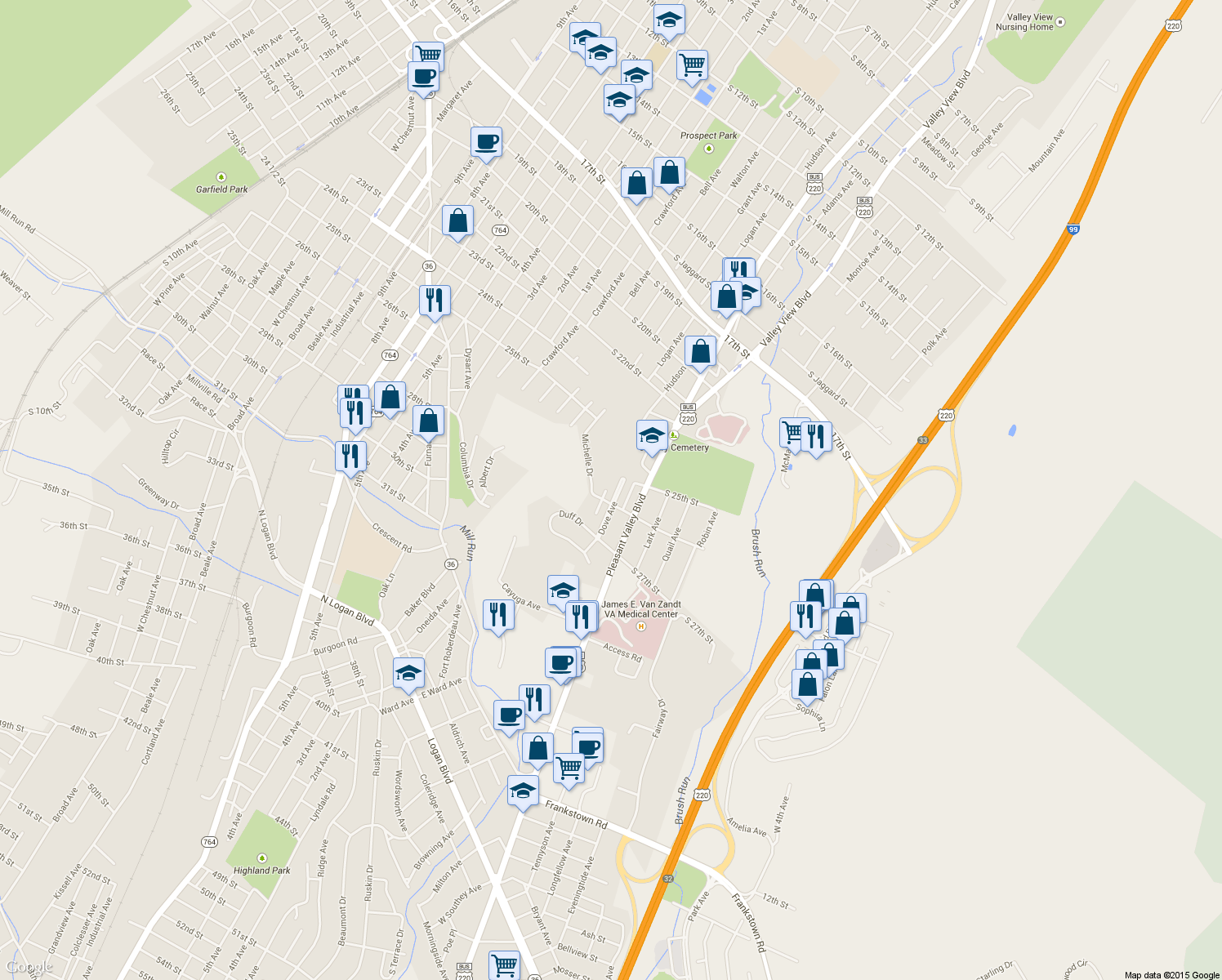map of restaurants, bars, coffee shops, grocery stores, and more near 2508 Dove Ave in Altoona