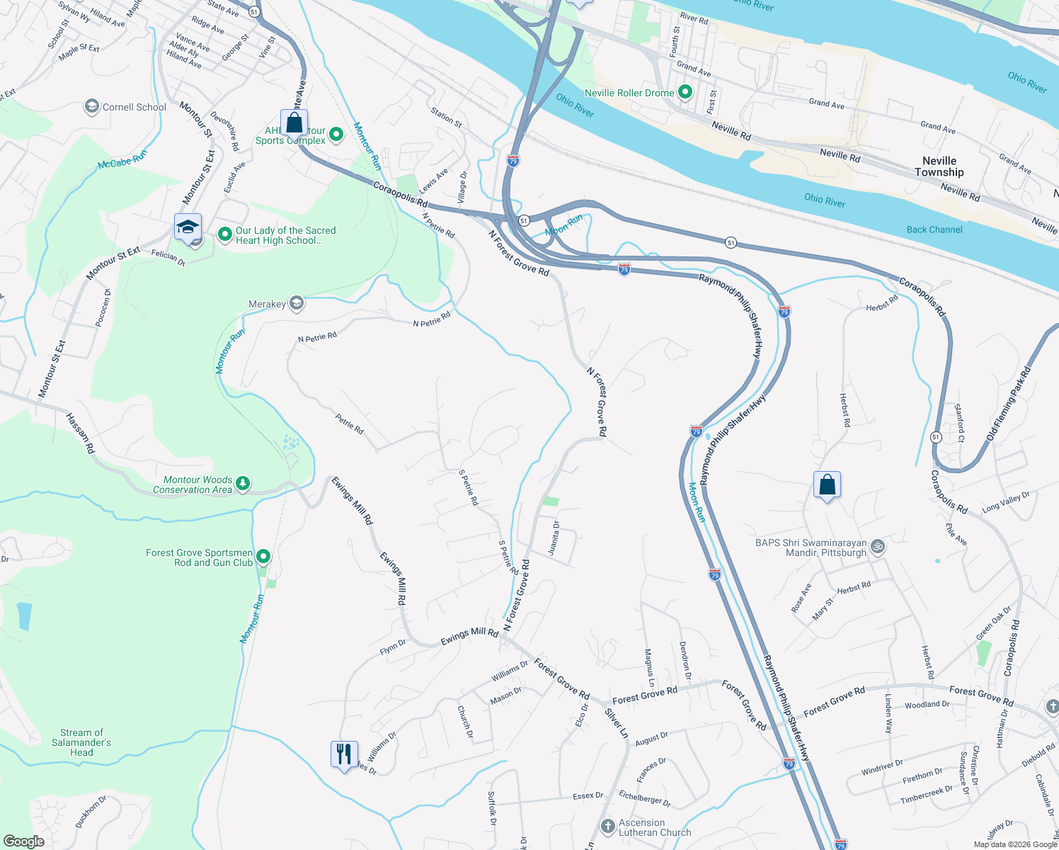 map of restaurants, bars, coffee shops, grocery stores, and more near 4 Lancelot in Coraopolis