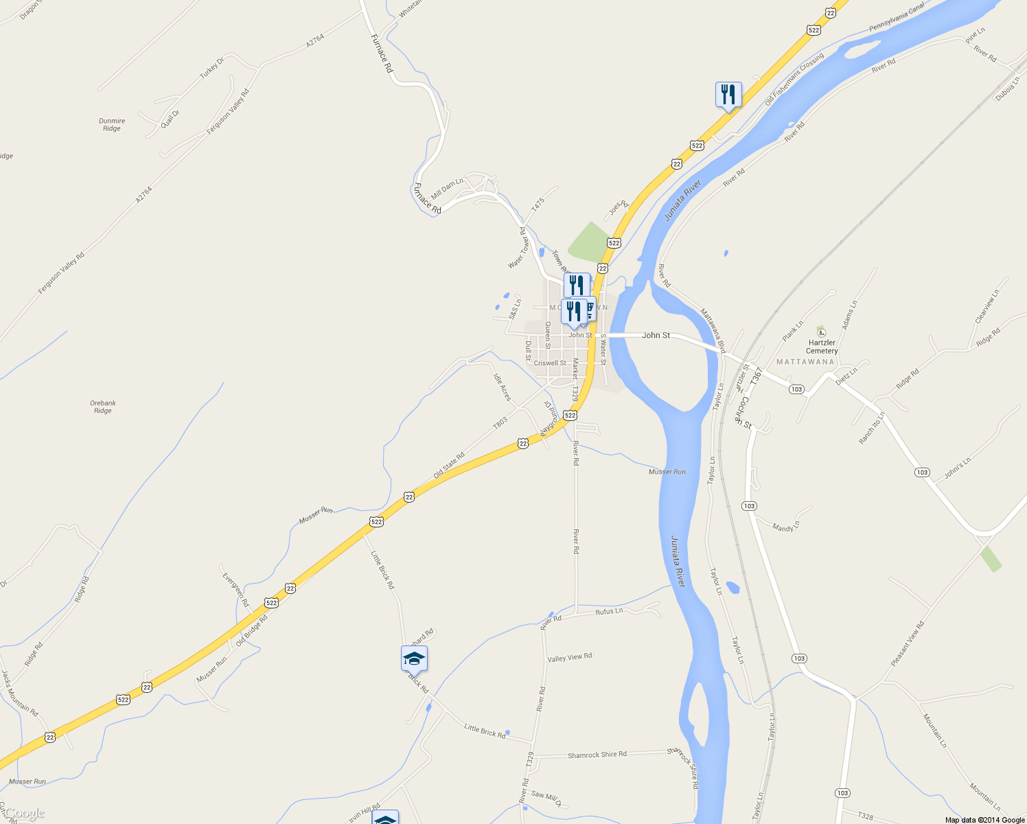 map of restaurants, bars, coffee shops, grocery stores, and more near 231 Old State Road in McVeytown