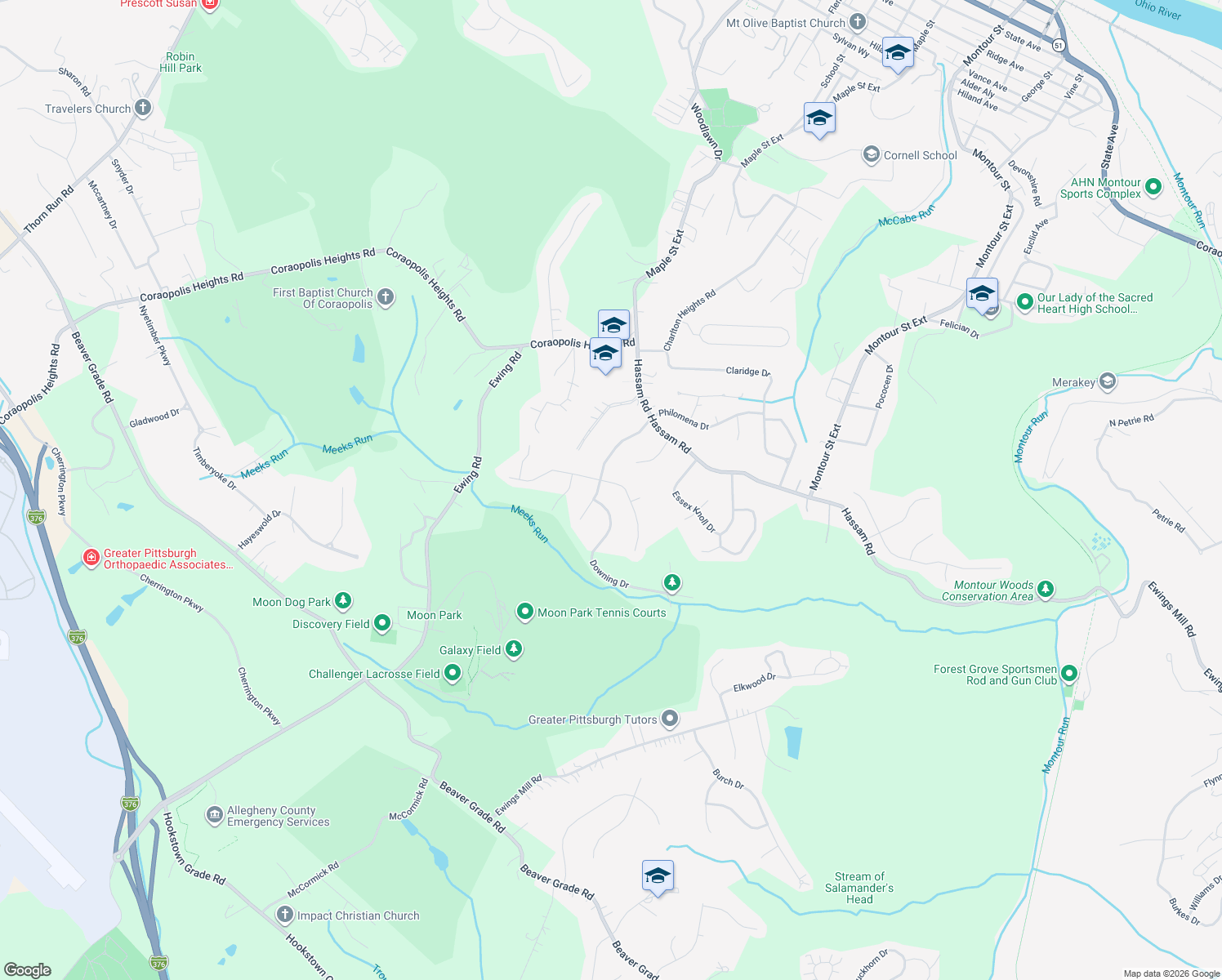 map of restaurants, bars, coffee shops, grocery stores, and more near 103 Parliament Dr in Coraopolis