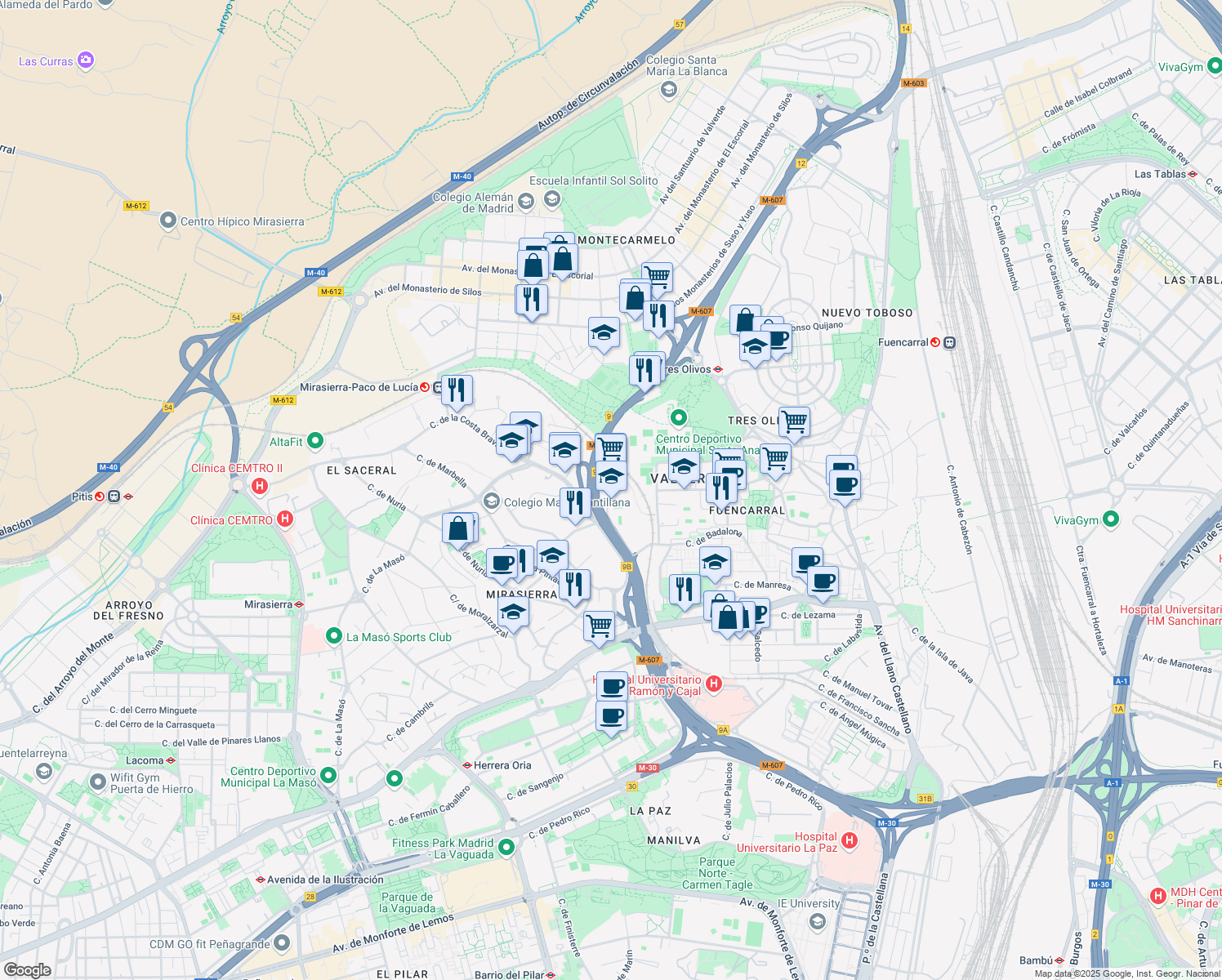 map of restaurants, bars, coffee shops, grocery stores, and more near 6 Travesía Costa Brava in Madrid