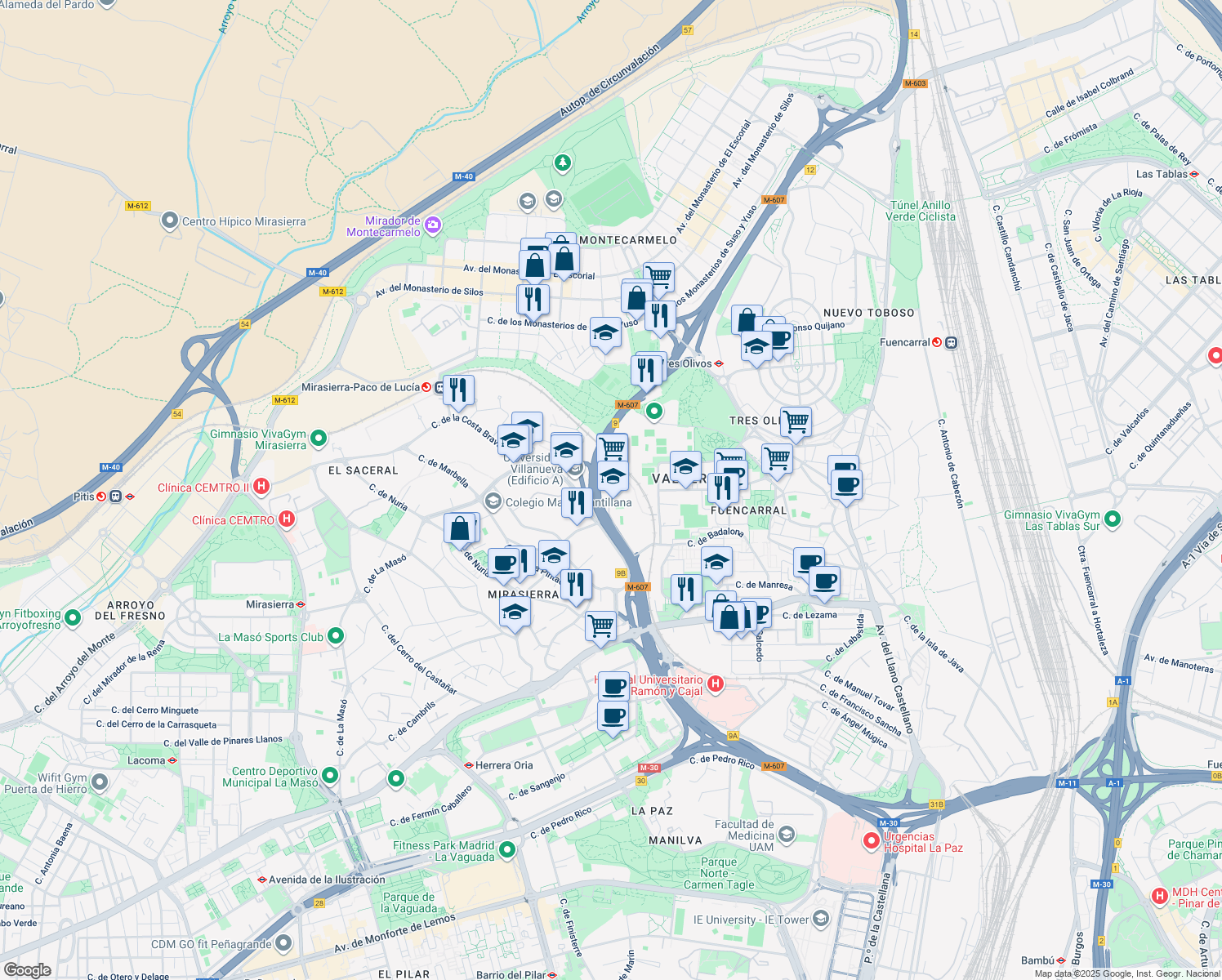 map of restaurants, bars, coffee shops, grocery stores, and more near 6 Travesía Costa Brava in Madrid