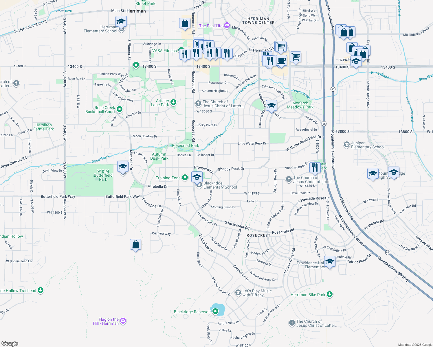 map of restaurants, bars, coffee shops, grocery stores, and more near 5467 Shaggy Peak Dr in Herriman