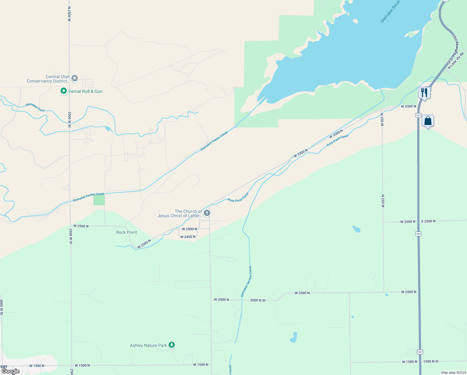 map of restaurants, bars, coffee shops, grocery stores, and more near 1310 West 3300 North in Vernal