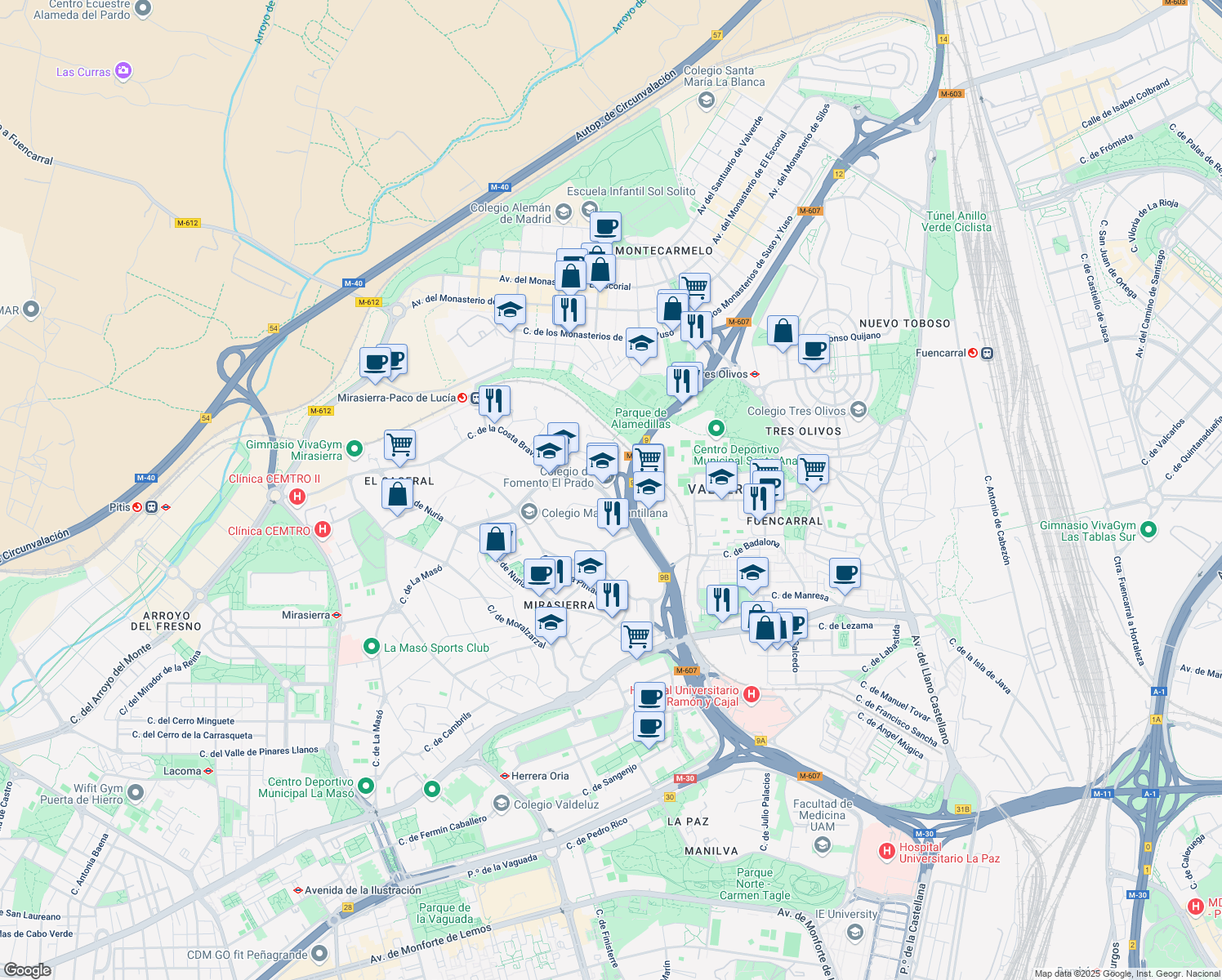 map of restaurants, bars, coffee shops, grocery stores, and more near 2 Calle de la Costa Brava in Madrid