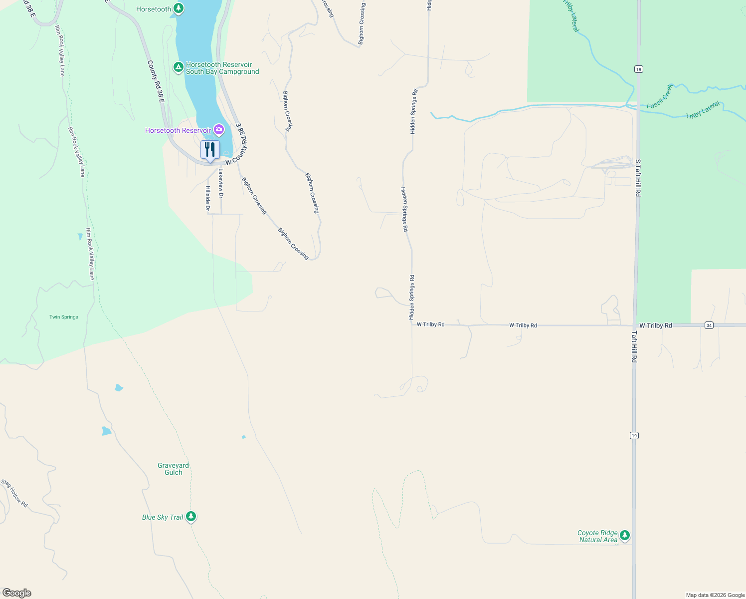 map of restaurants, bars, coffee shops, grocery stores, and more near 6465 Hidden Springs Road in Fort Collins