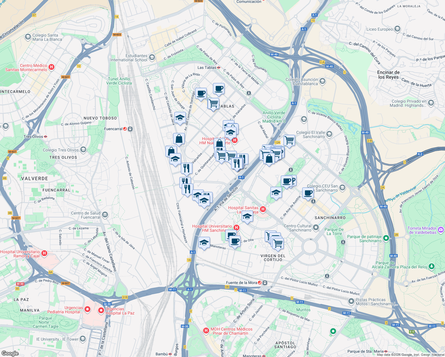 map of restaurants, bars, coffee shops, grocery stores, and more near 21 Calle del Puerto de Somport in Madrid