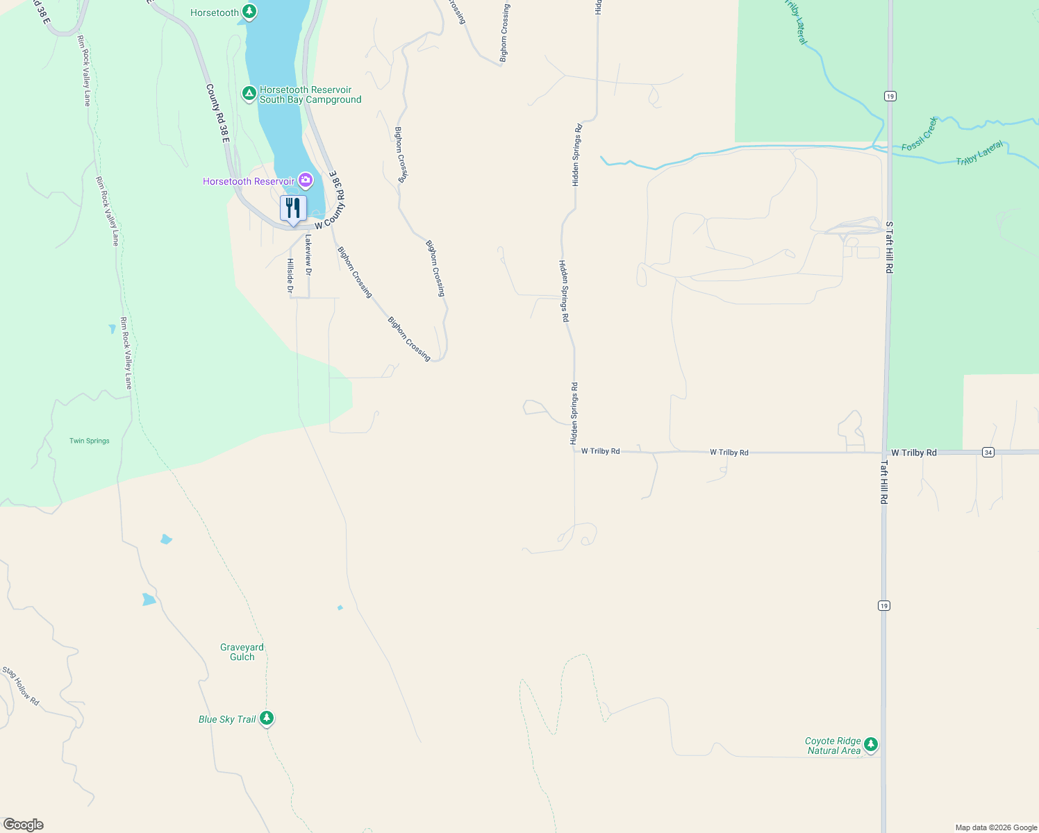 map of restaurants, bars, coffee shops, grocery stores, and more near 6465 Hidden Springs Road in Fort Collins