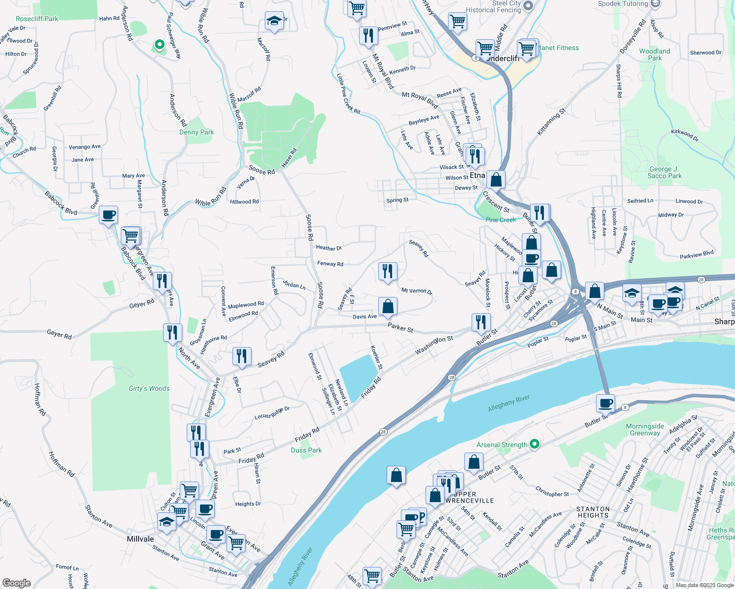 map of restaurants, bars, coffee shops, grocery stores, and more near 244 E Street in Pittsburgh