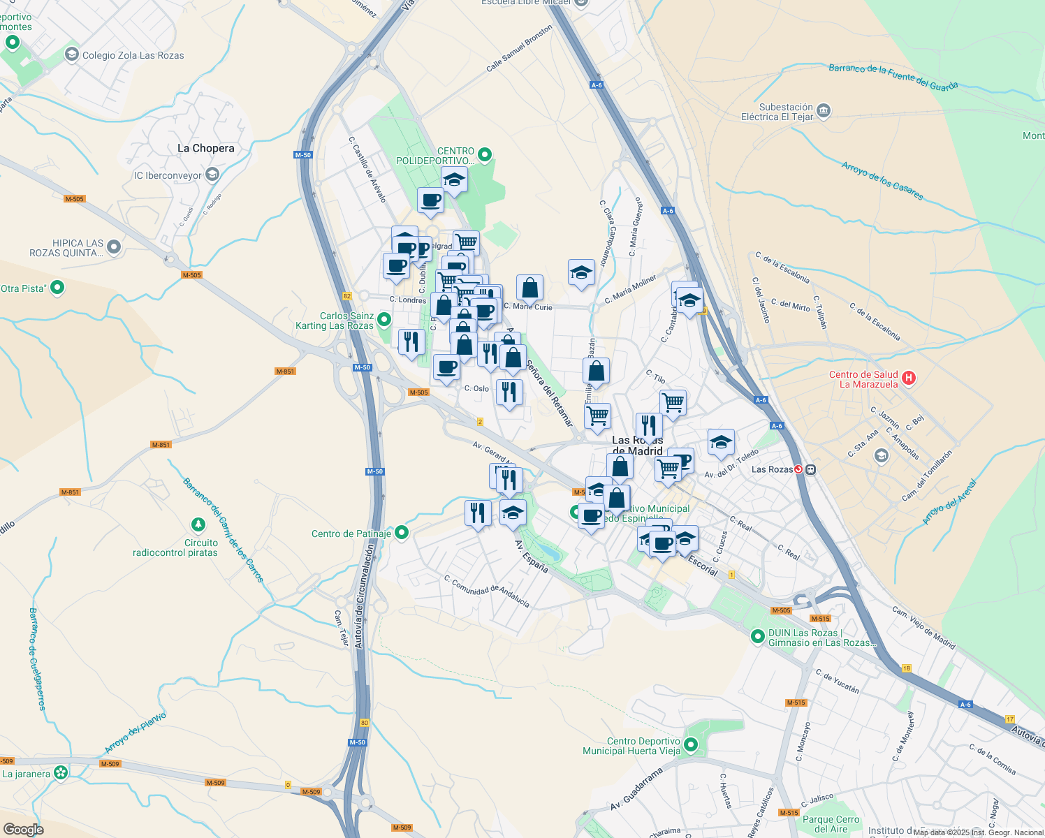 map of restaurants, bars, coffee shops, grocery stores, and more near 13 Calle Estocolmo in Las Rozas