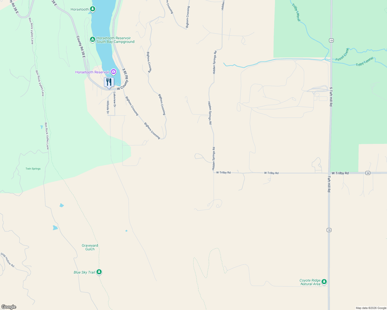 map of restaurants, bars, coffee shops, grocery stores, and more near 6465 Hidden Springs Road in Fort Collins