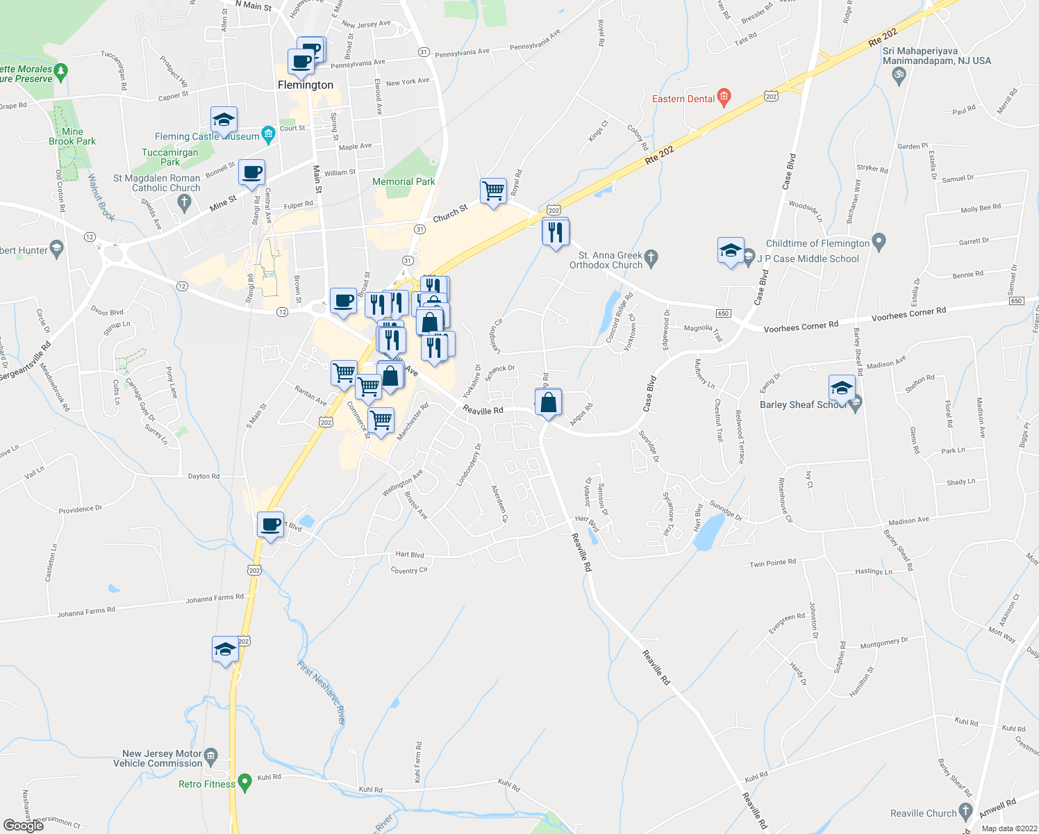 map of restaurants, bars, coffee shops, grocery stores, and more near 1202 Southard Court in Flemington