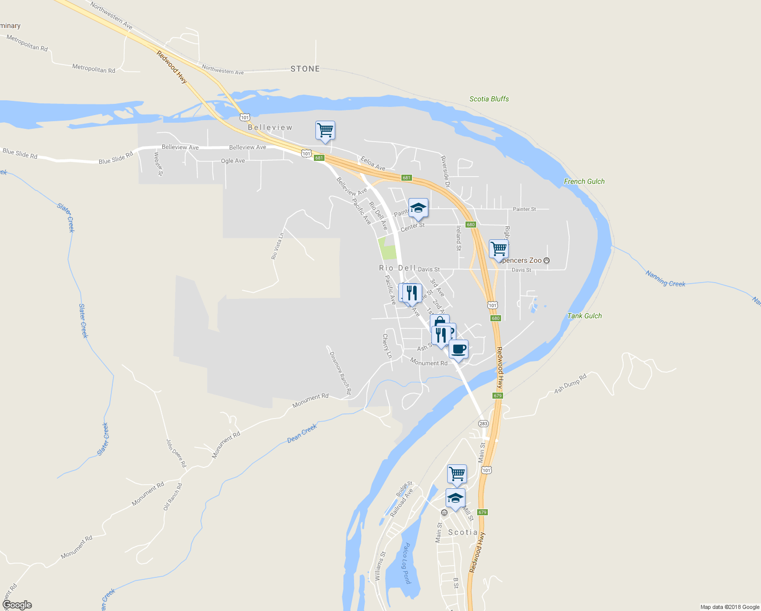 map of restaurants, bars, coffee shops, grocery stores, and more near 597 View Avenue in Rio Dell