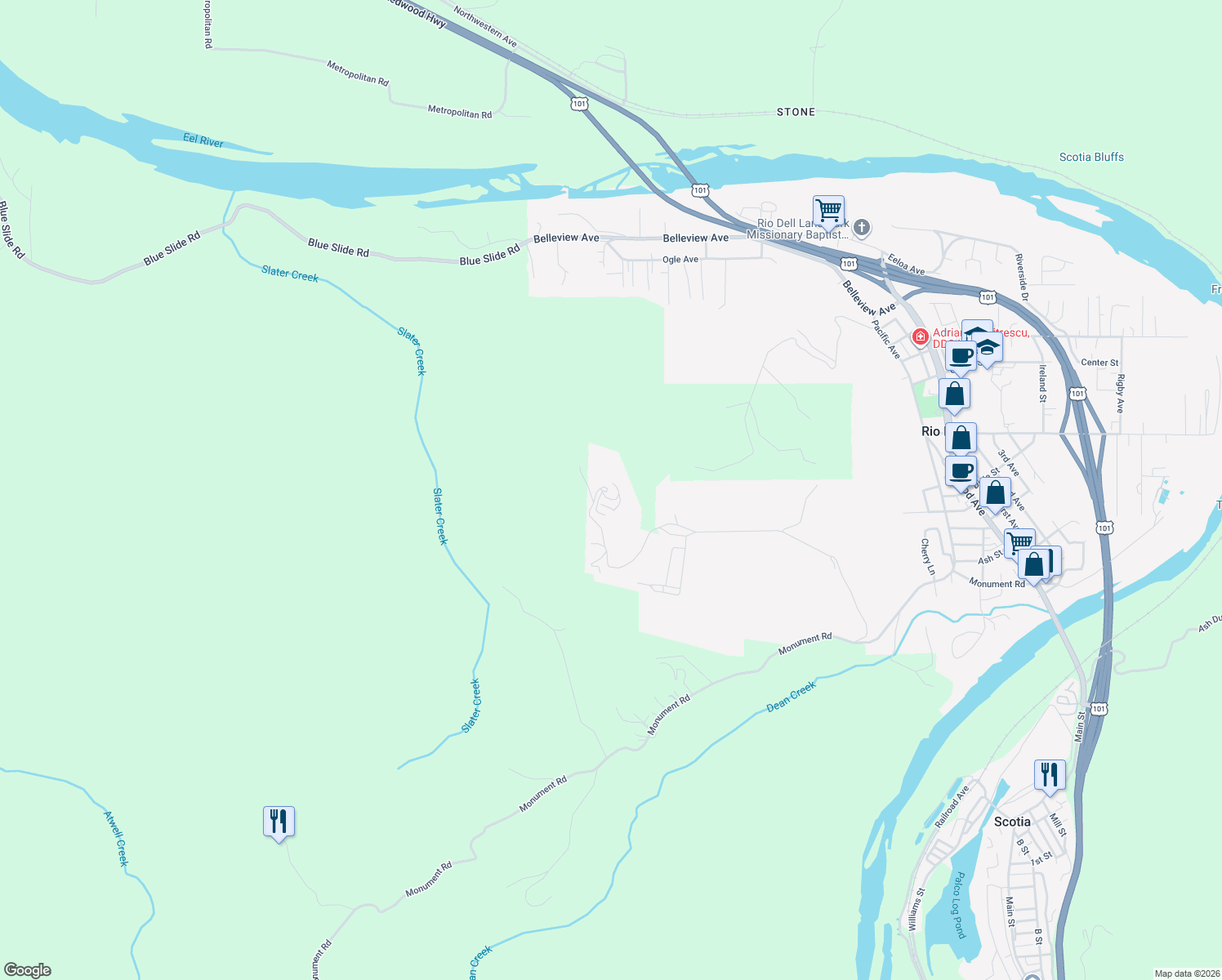 map of restaurants, bars, coffee shops, grocery stores, and more near 1150 Dinsmore Ranch Road in Rio Dell