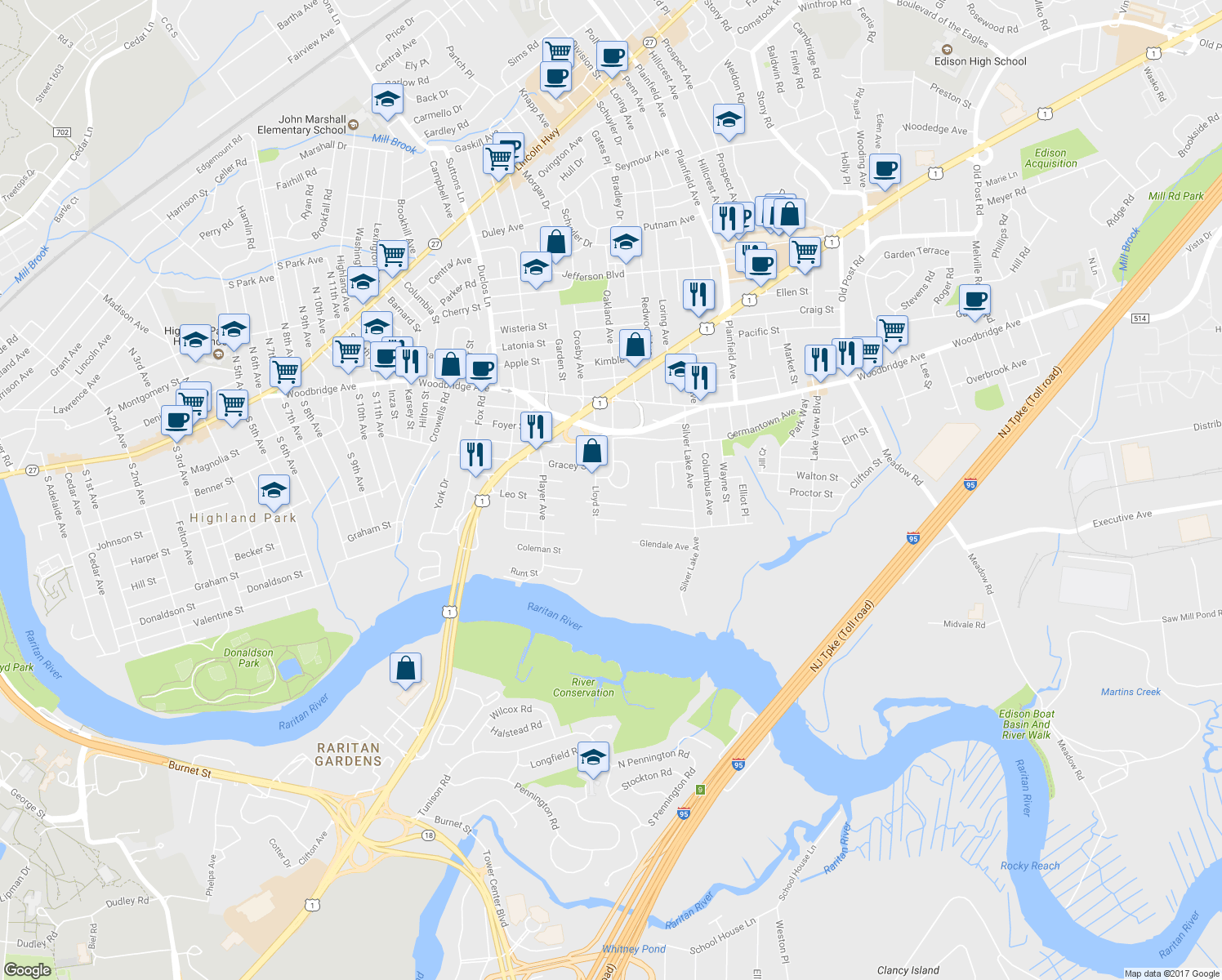 map of restaurants, bars, coffee shops, grocery stores, and more near 23 Nancy Circle in Edison