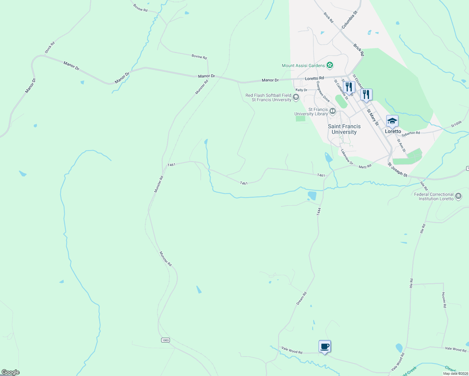 map of restaurants, bars, coffee shops, grocery stores, and more near 363 Thomas Road in Loretto