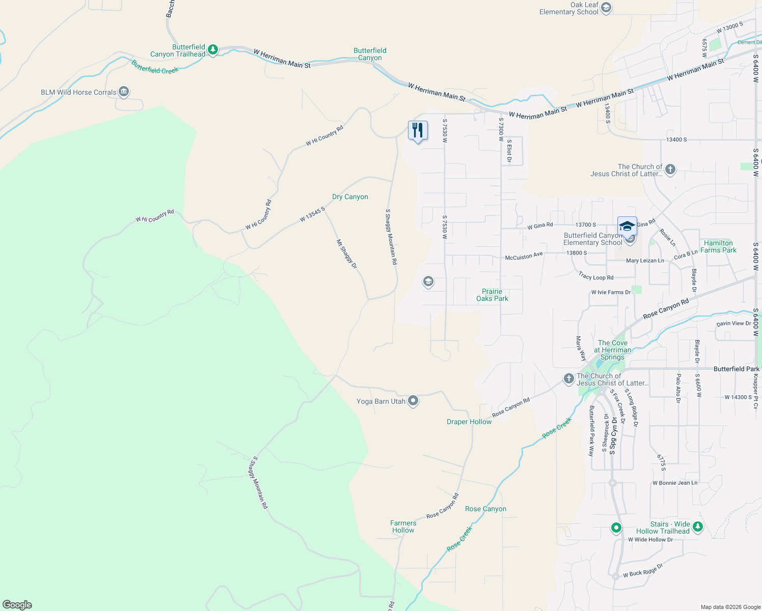 map of restaurants, bars, coffee shops, grocery stores, and more near 65 Shaggy Mountain Rd in Herriman