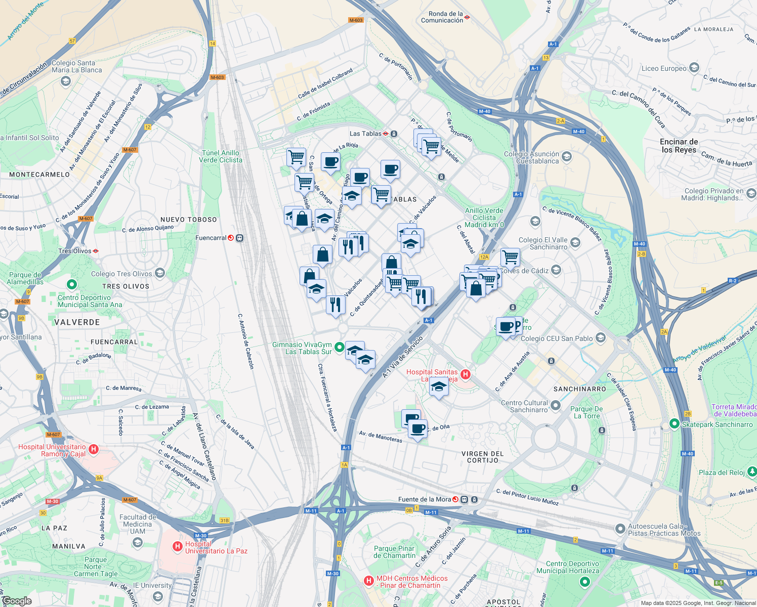 map of restaurants, bars, coffee shops, grocery stores, and more near 15 Calle Quintanavides in Madrid