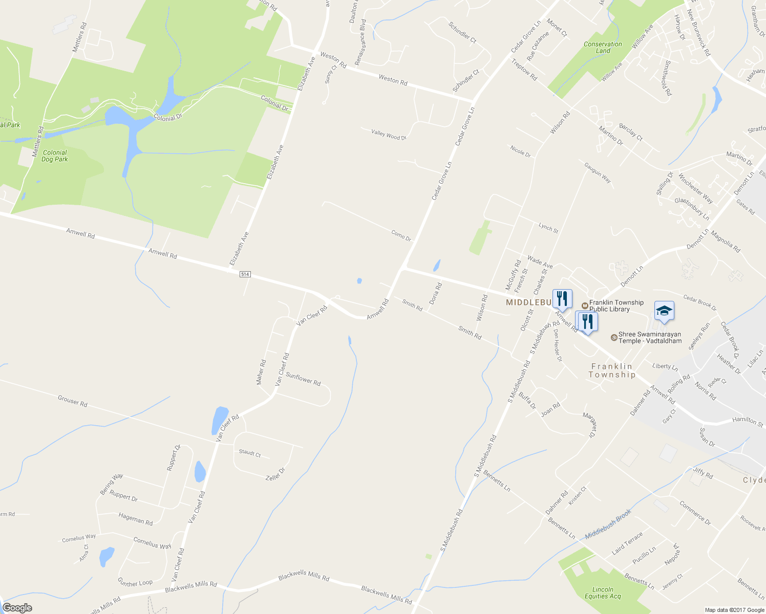 map of restaurants, bars, coffee shops, grocery stores, and more near 1945 Amwell Road in Franklin Township