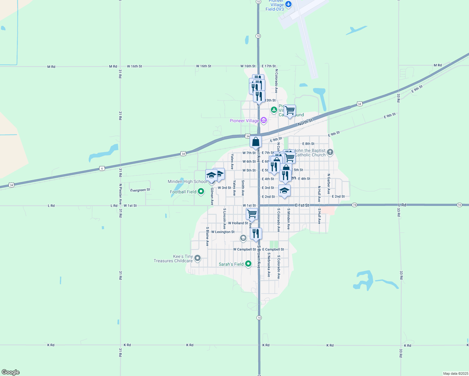 map of restaurants, bars, coffee shops, grocery stores, and more near 298 Yates Avenue in Minden