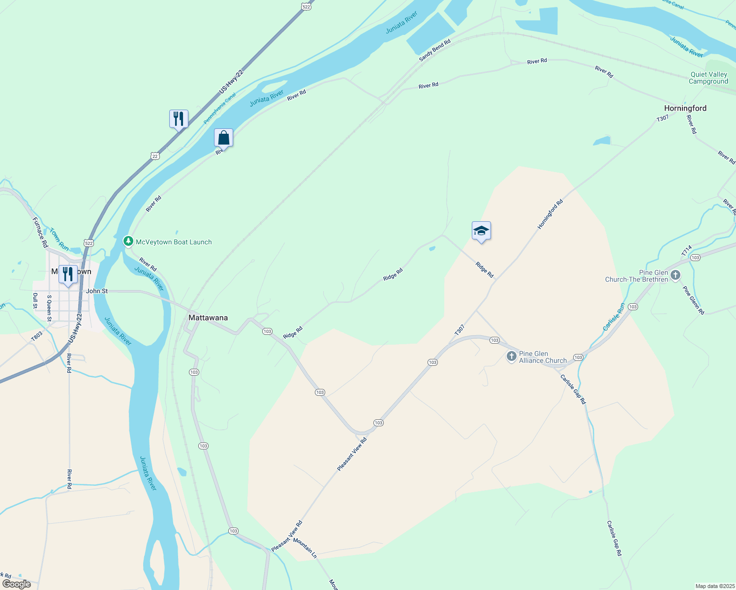 map of restaurants, bars, coffee shops, grocery stores, and more near 260 Ridge Road in McVeytown