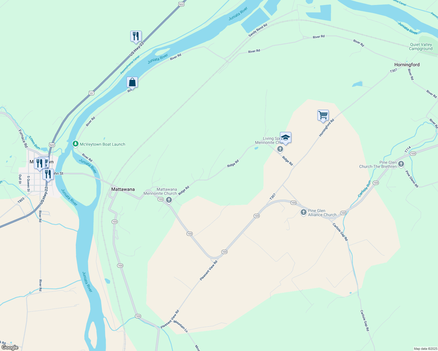 map of restaurants, bars, coffee shops, grocery stores, and more near 260 Ridge Road in McVeytown