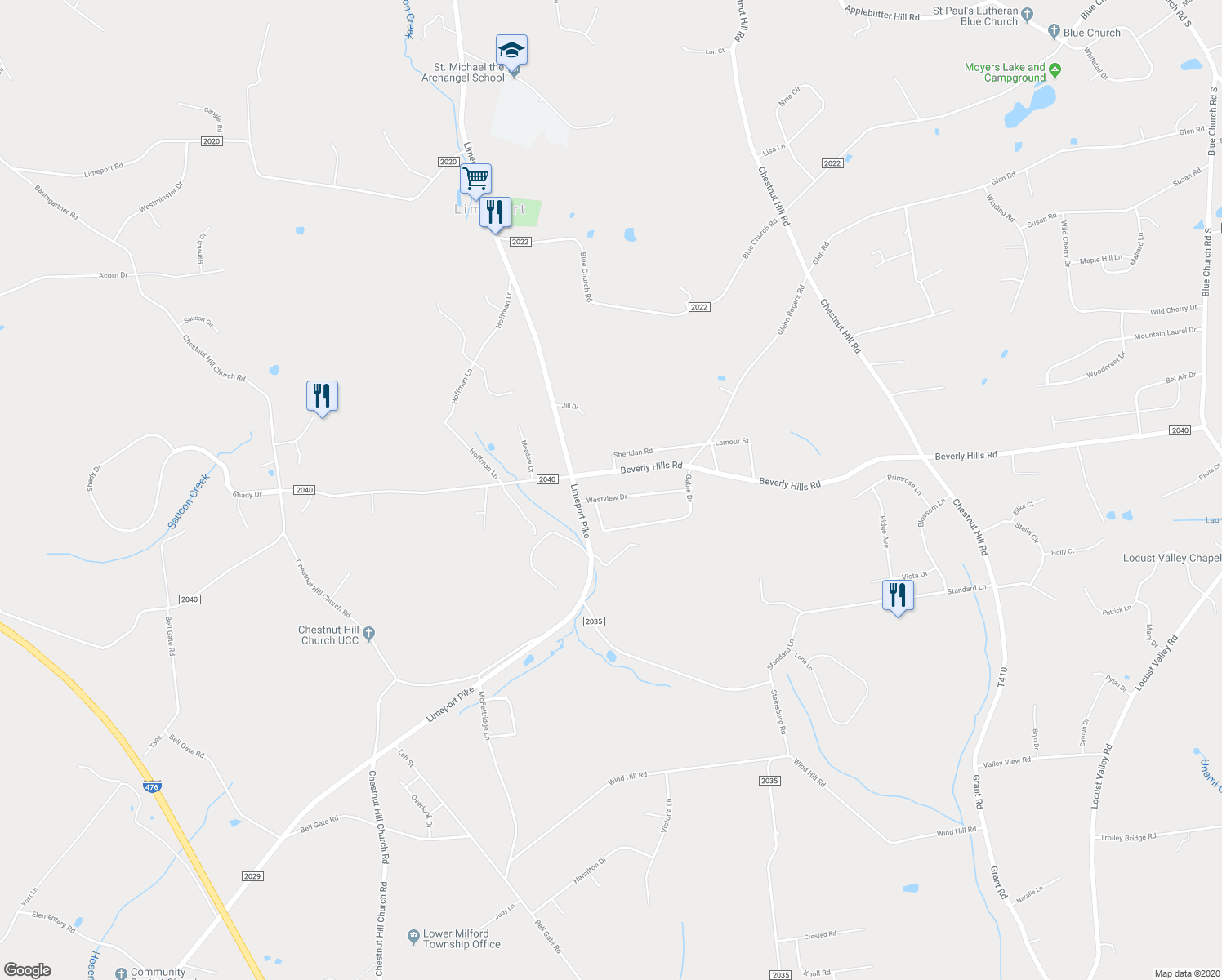 map of restaurants, bars, coffee shops, grocery stores, and more near 1635 Westview Drive in Coopersburg