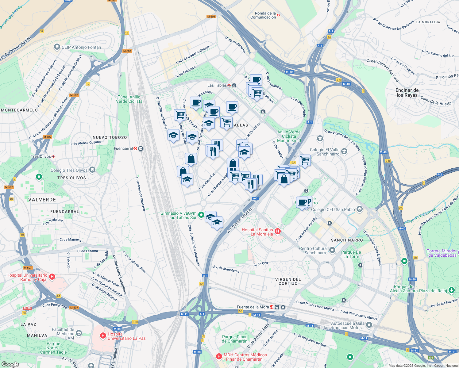 map of restaurants, bars, coffee shops, grocery stores, and more near 15 Calle Quintanavides in Madrid