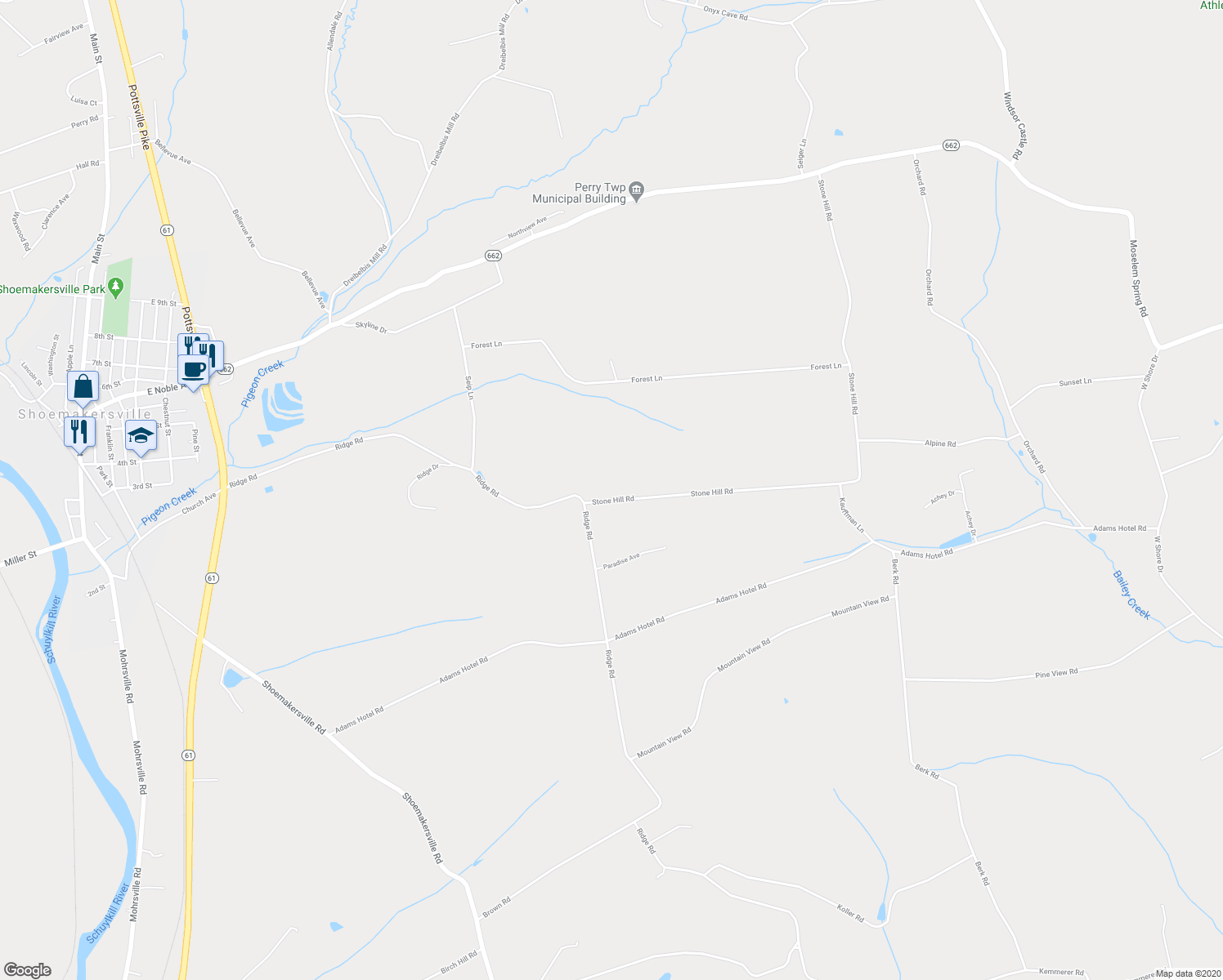 map of restaurants, bars, coffee shops, grocery stores, and more near 814 Stone Hill Road in Shoemakersville